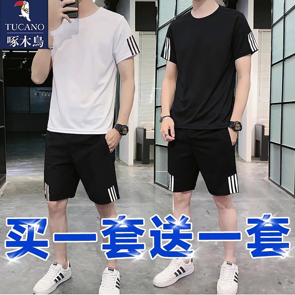 Woodpecker terno esportivo masculino verão gelo seda de secagem rápida camiseta Casual Shorts de manga curta masculino c