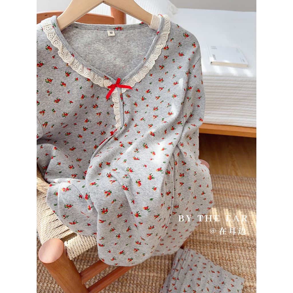 Simples elegante leite cinza renda Floral malha algodão macio Loungewear pode usar fora simples feminino puro algodão pi