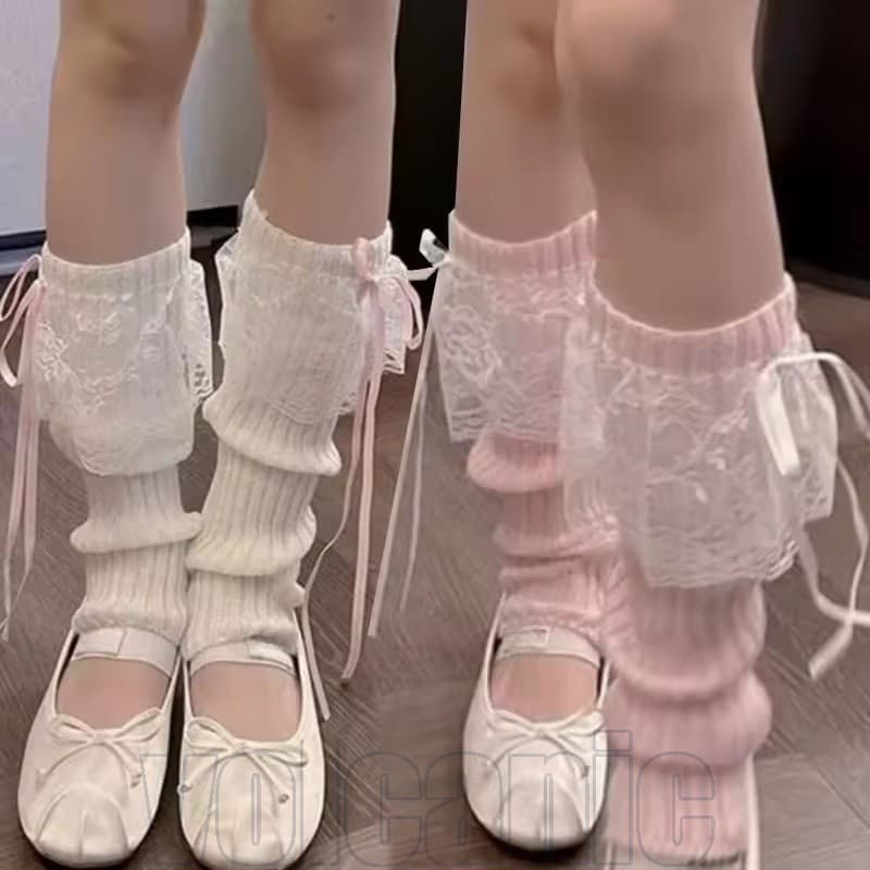1-4 Pares De Meias Longas De Malha Com Fita De Renda Lolita Y2K-Aquecedores De Pernas Femininos JK Outono Inverno-Estilo