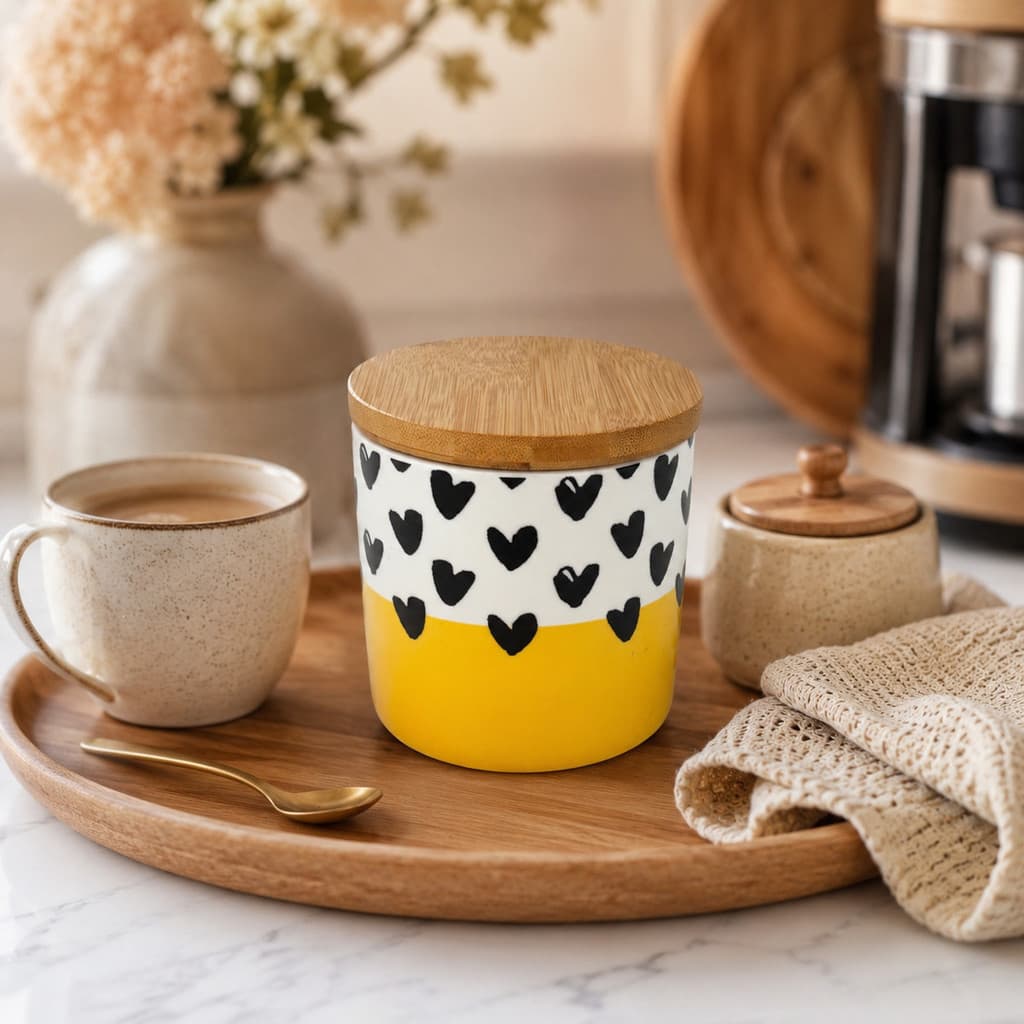 Pote Organizador Mantimentos Potiche Cerâmica Corações Preto Amarelo Bambu Pequeno