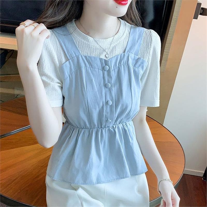2026 novo estilo moda costura falso de duas peças requintado camisa capa barriga Design nicho francês All-Match topo fem
