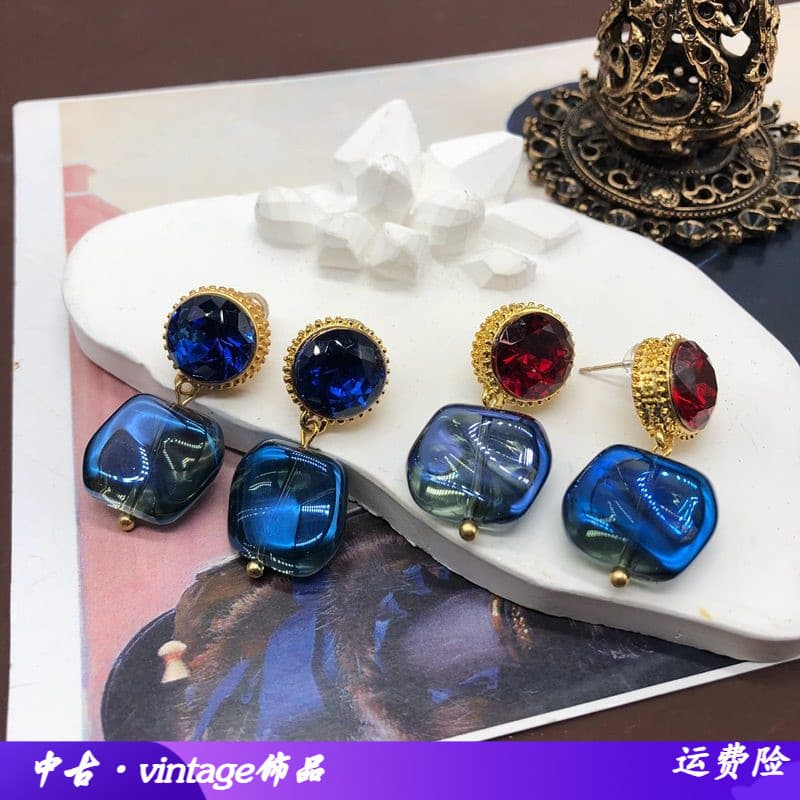 Brincos de vidro Medieval ocidental, azul, vermelho, pedra preciosa, quadrado, vidro, banhado a ouro Real, ouro fosco, b