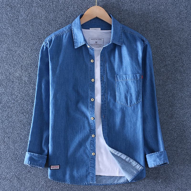 Sabaqi primavera outono puro algodão Slub camisa jeans masculina de manga comprida Casual algodão camisa jeans masculina