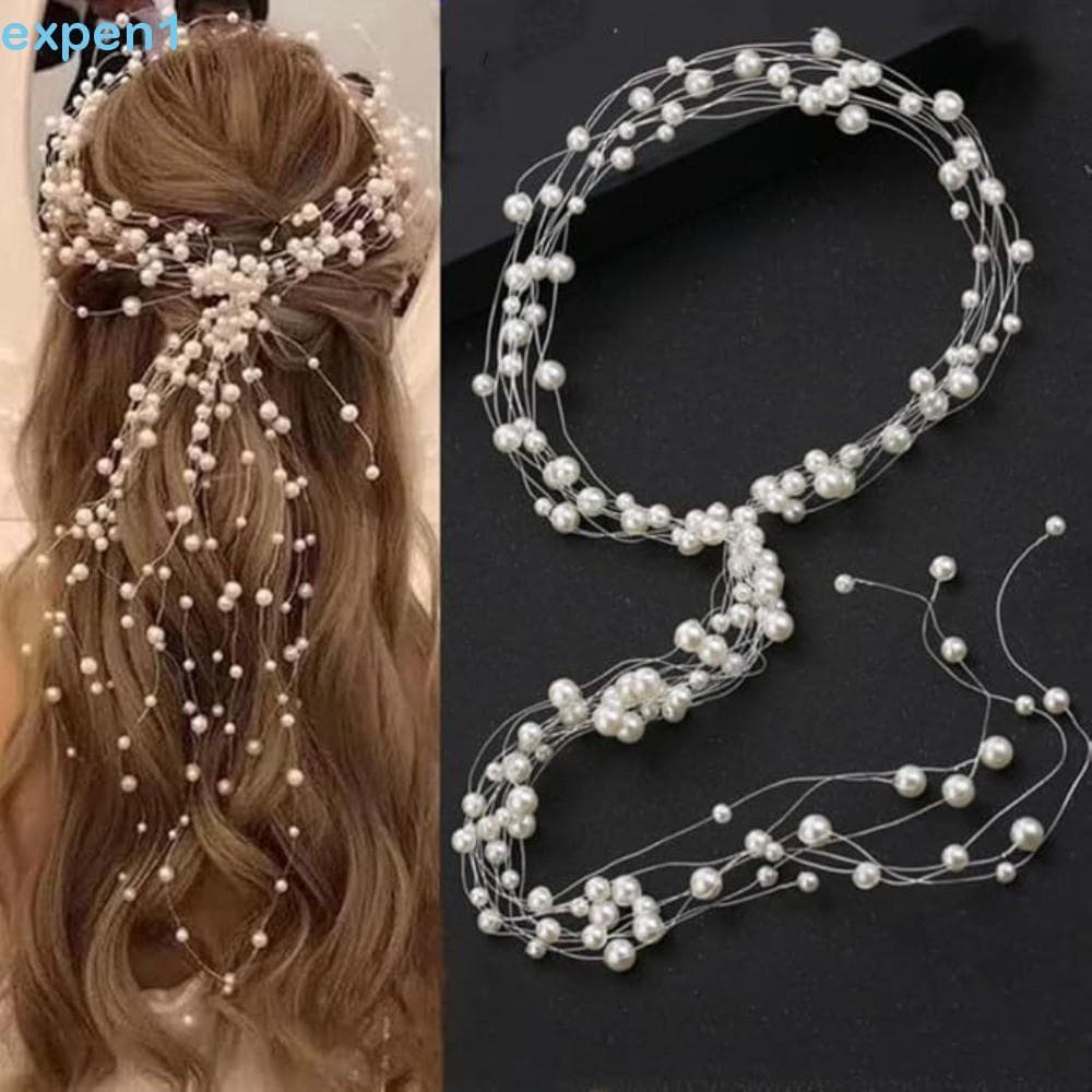 EXPEN Cocar De Pérola , Faixa De Cabelo De Fada Com Contas De Imitação , Noiva Longo Feito À Mão Estilo Coreano