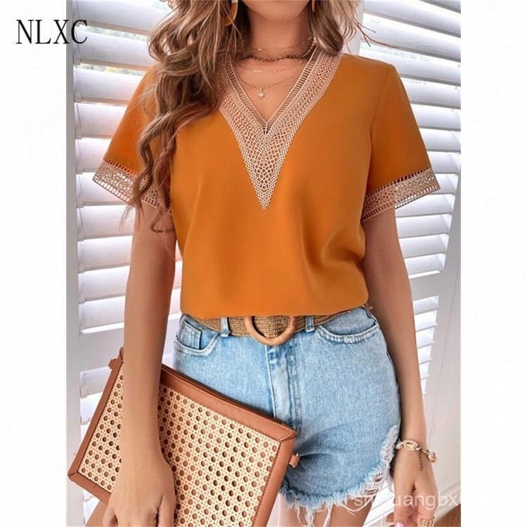 Camisas Femininas de Verão 2026, Cor Sólida, Blusa com Design de Renda Vazada, Decoração com Decote em V, Manga Curta, P