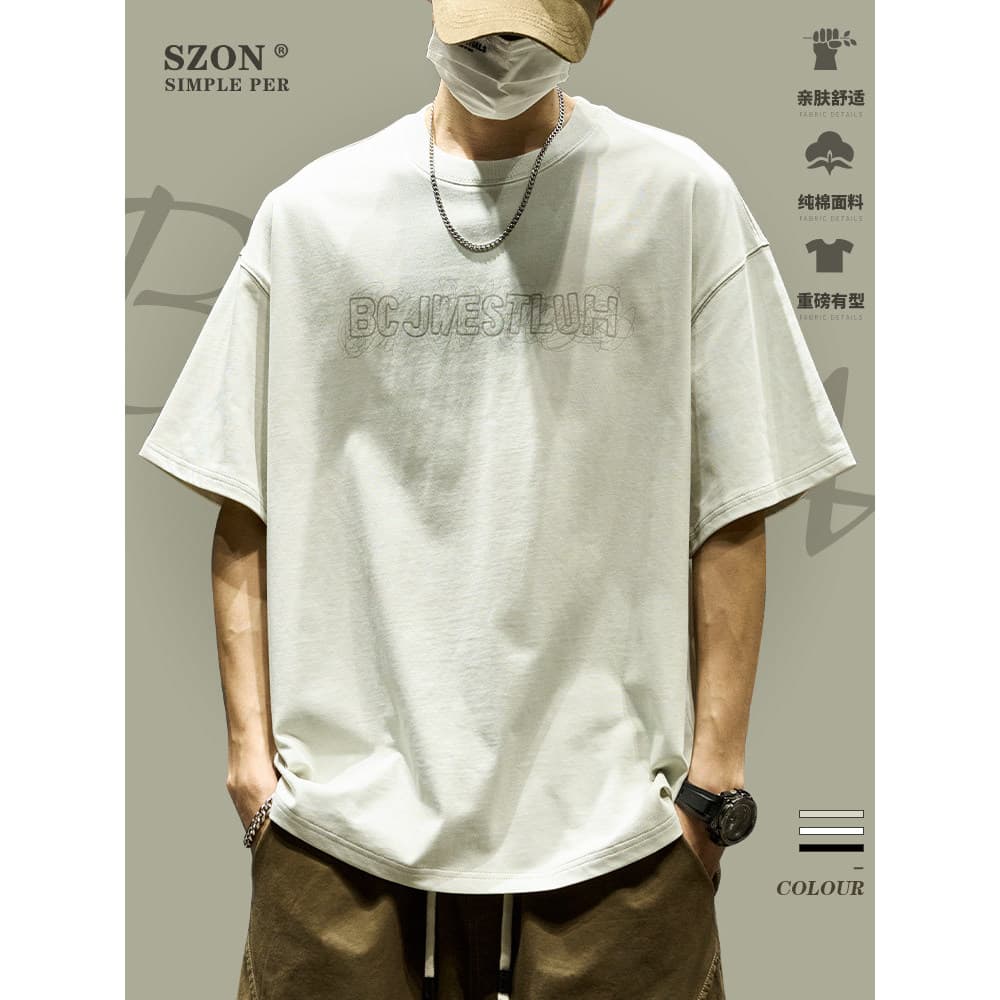 Manga curta masculina verão japonês simples impresso puro algodão meia manga solta All-Match americano pesado masculino