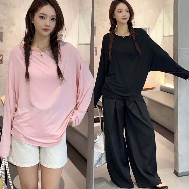 Verão estilo fino Modal manga comprida camiseta feminina Bat camisa tamanho grande camisa de ar condicionado Casual solt