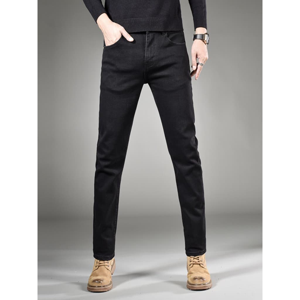Outono inverno americano masculino puro preto Jeans masculino fino ajuste calças retas High-End estiramento calças casua