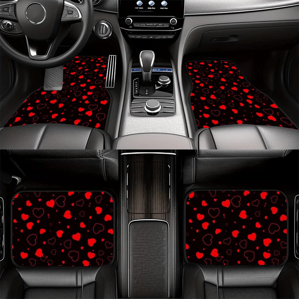 4 unidades, tapete de carro preto com padrão de coração vermelho completo, tapete de carro com cobertura total, modelo U