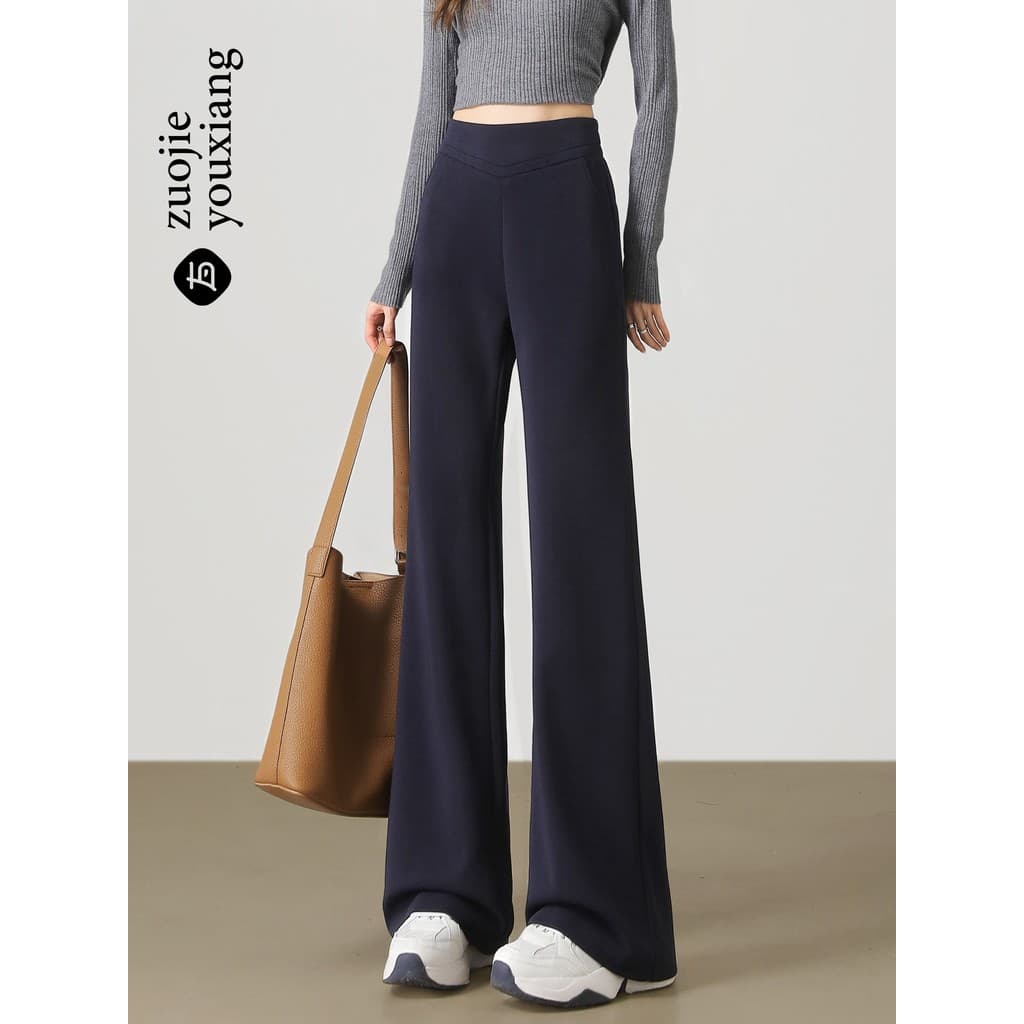 Azul marinho perna larga queimado calças femininas 2026 primavera novo estilo de cintura alta Drape pequena Sweatpants l