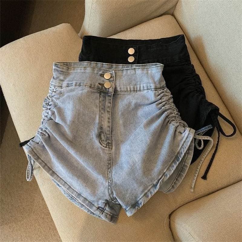 Moda cintura alta cordão Denim Shorts feminino novo estilo moda All-Match verão estilo fino quente menina Design a linha