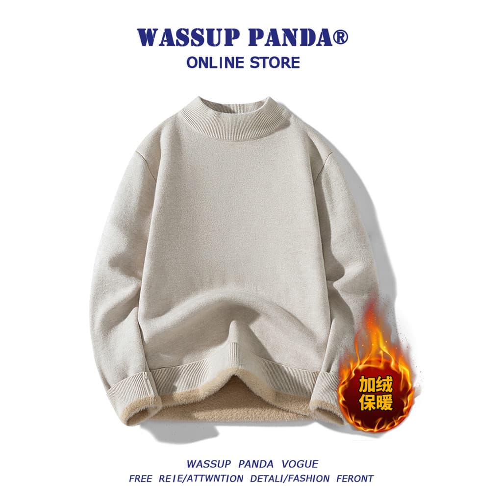 WASSUP PANDA Meia Gola Alta Simples Integrado Suéter De Lã Masculino Outono Inverno Street Wear Casual Engrossado Quente