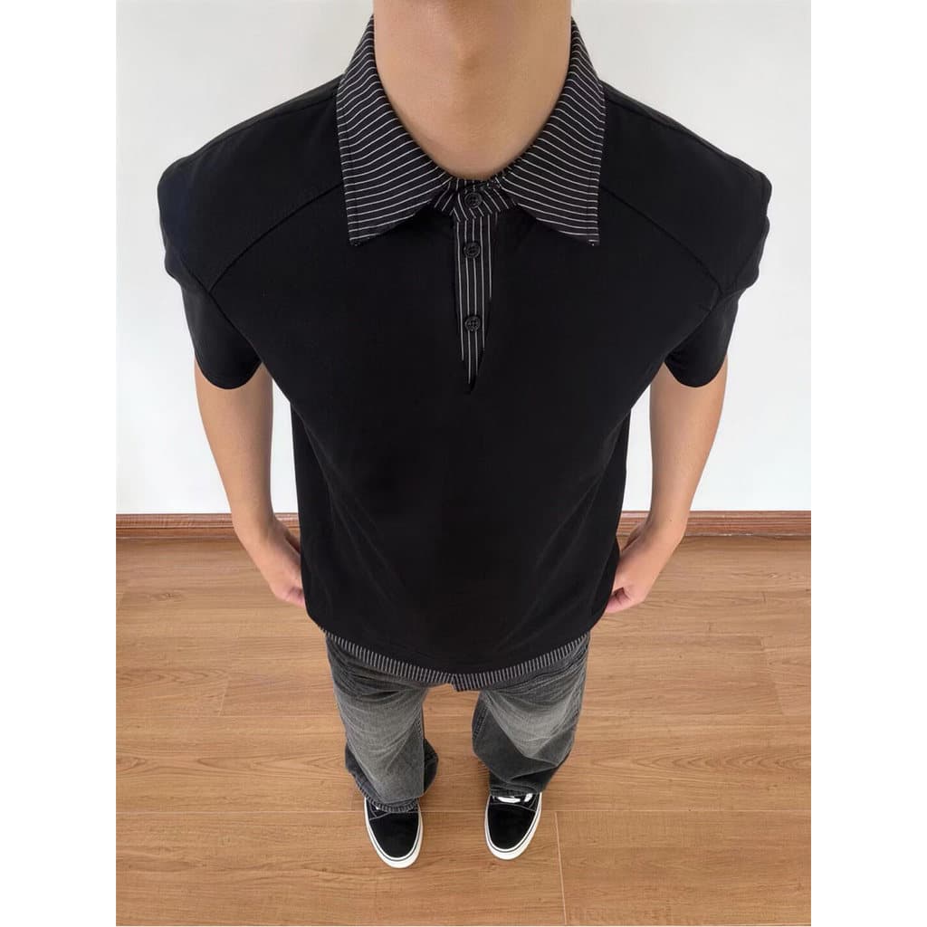 Americano Retro falso de duas peças listrado costura camisa polo de manga curta masculina verão moda High-End todos @-
