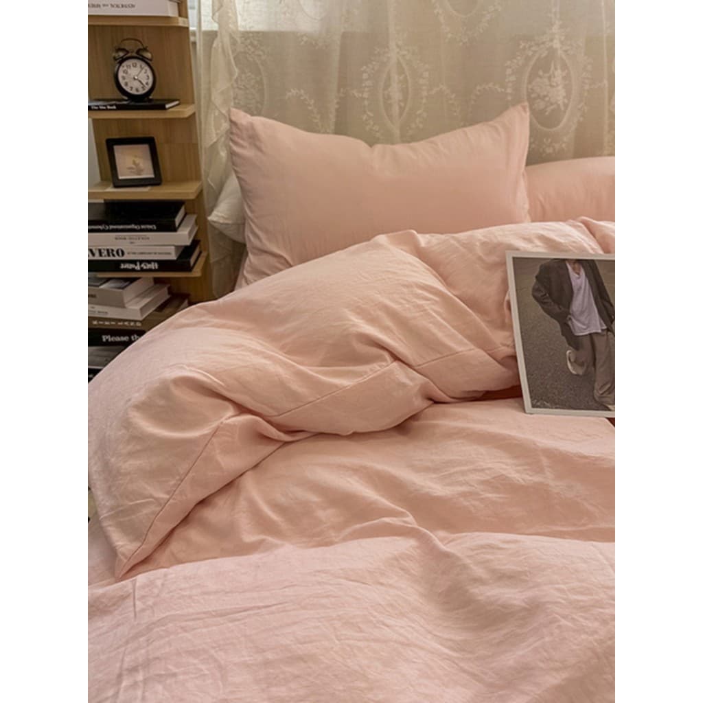 Cama de algodão lavado com fio enrugado, conjunto de quatro peças, estilo ins, simples, cor sólida, lençol, capa de edre