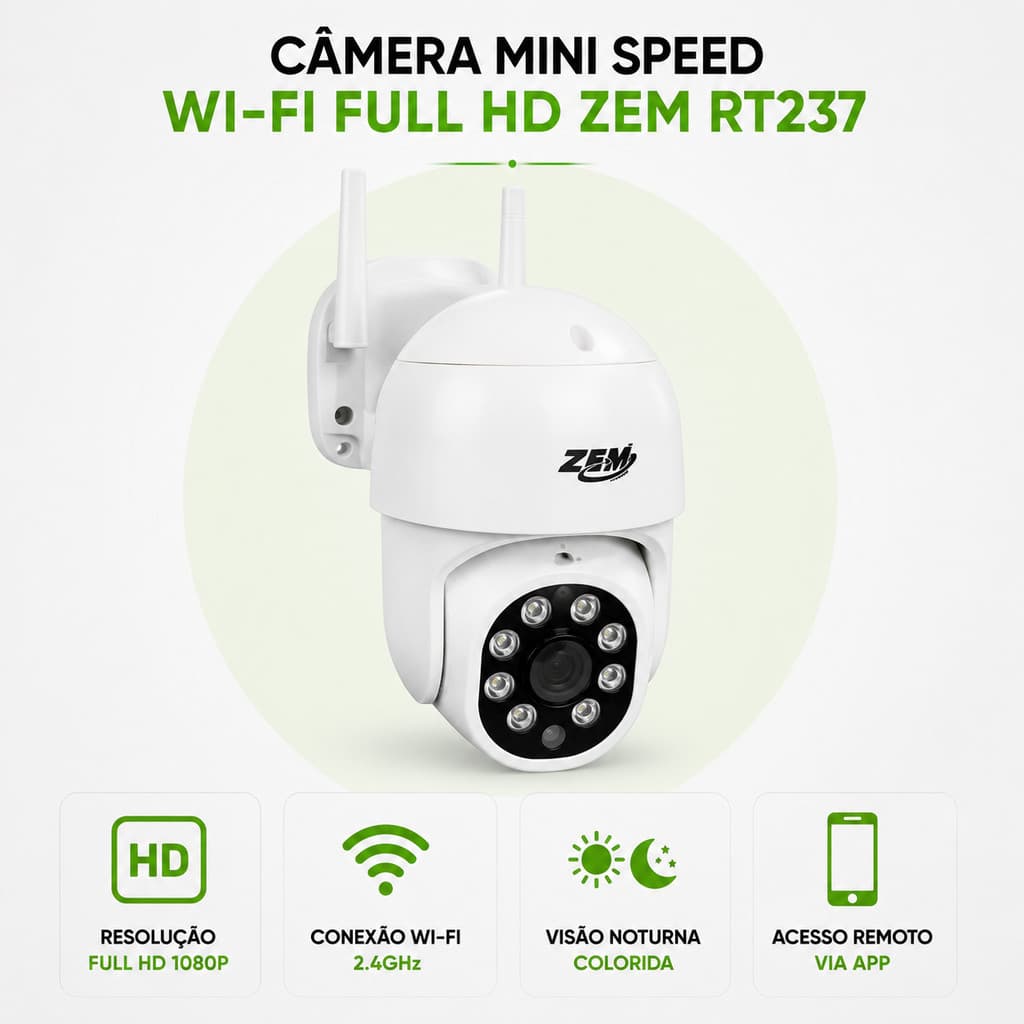 Câmera Mini Speed Wi-Fi Full HD ZEM RT237 Visão 360° Monitoramento pelo Celular