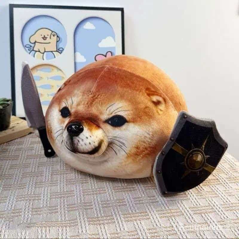 Meu Cão com Escudo de Faca (o que o cão está fazendo) brinquedo de pelúcia em estilo cartoon