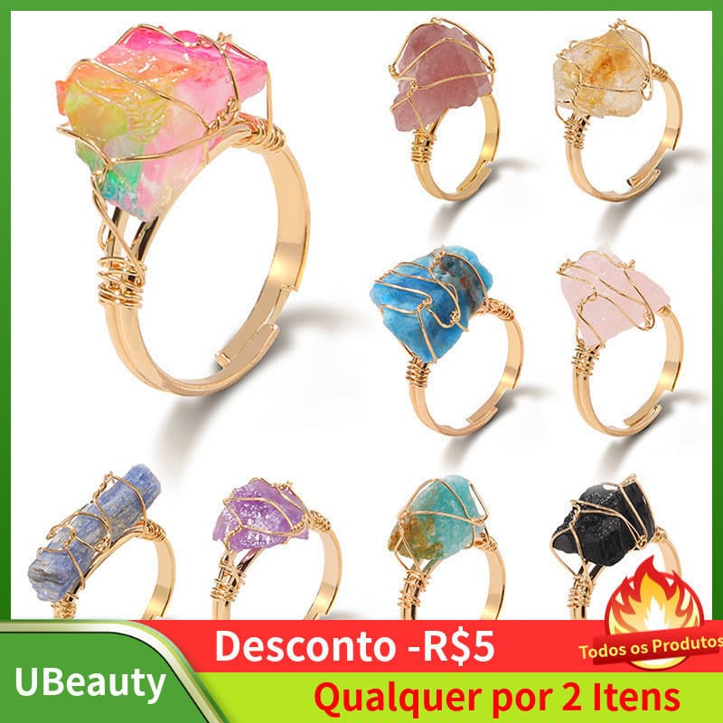 Anel de Cristal de Chakra, Anel de Pedra Preciosa Ajustável para Cura, Anéis de Pedra Irregular para Mulheres, Anel Colo