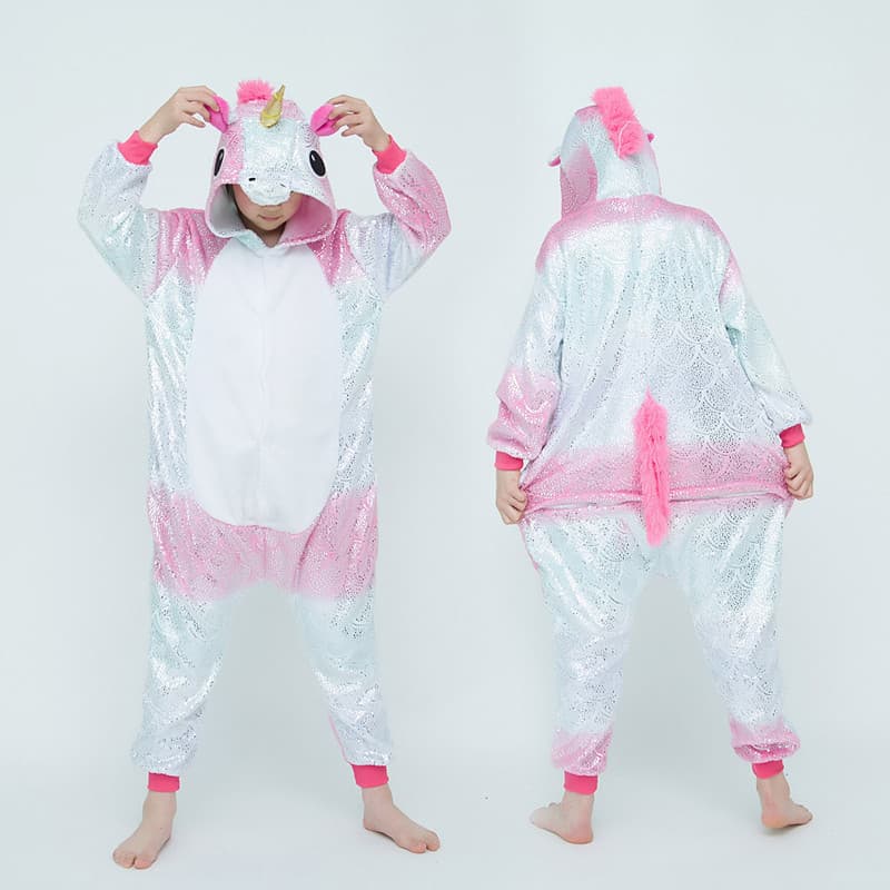 Pijama Infantil De Lantejoulas Unicórnio , Fantasia De Cosplay De Animal Gradiente De Prata Rosa Brilhante , Flanela Com