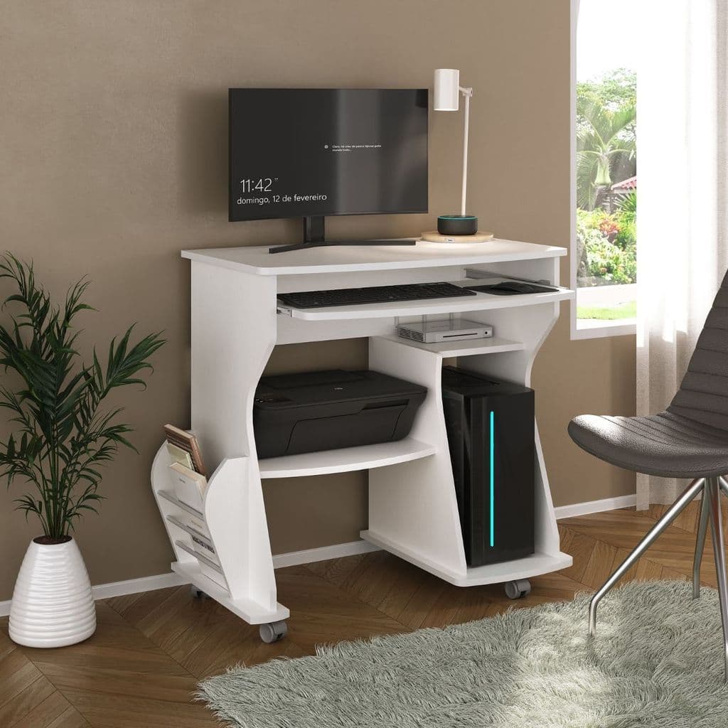 Mesa Escrivaninha 160 Artely Home Office Computador Com Revisteiro e Prateleira Retrátil para Teclado