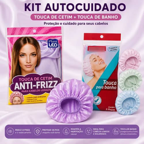 Kit Autocuidado Touca Cetim Anti Frizz + Touca De Banho 3un