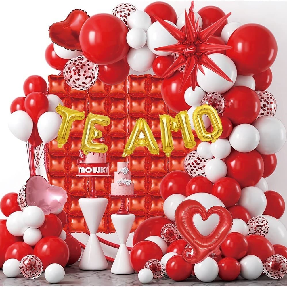 Decoração de balões com tema de Dia dos Namorados conjunto - letras vermelhas e rosas, corações e estrelas,