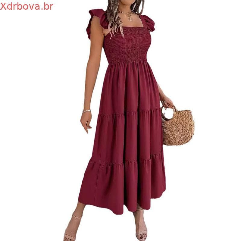 Vestido longo luxo duna lisa com babada na manga e renda na cintura 1943