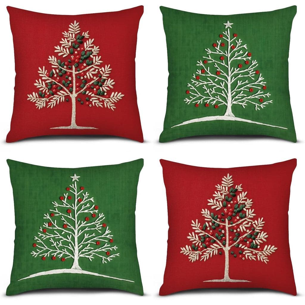 Capas de Almofada de Natal Vermelhas e Verdes PICKFORU 18x18 Polegadas, Conjunto de 4 Capas de Almofada Quadradas com Es