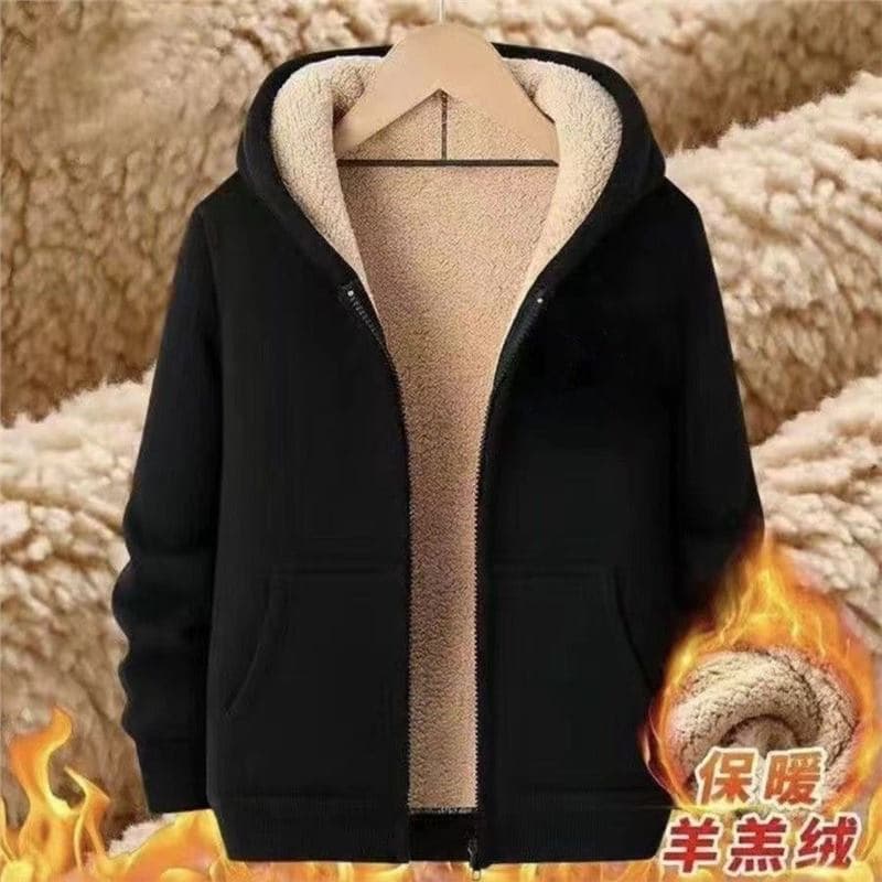 Moletom de lã de cordeiro masculino forro de lã jaqueta preta forro de lã de inverno tamanho grande capuz solto com zípe