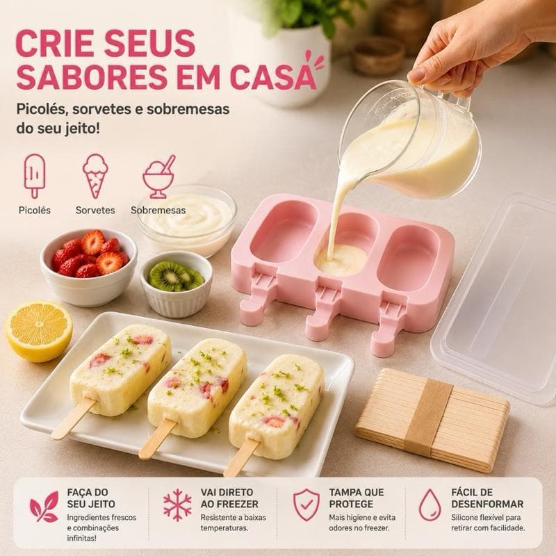 ￼Forma De Picolé Sorvete Silicone Magnum Formato Normal Lisa Com 50 Palitos