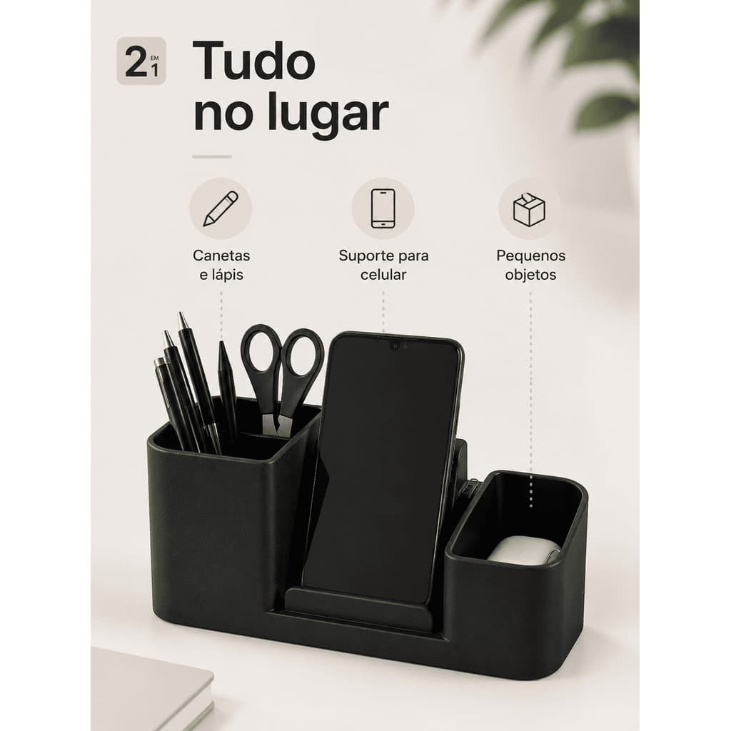Organizador Mesa Porta Caneta Lápis Suporte Celular Multifuncional Preto Branco Home Office Moderno