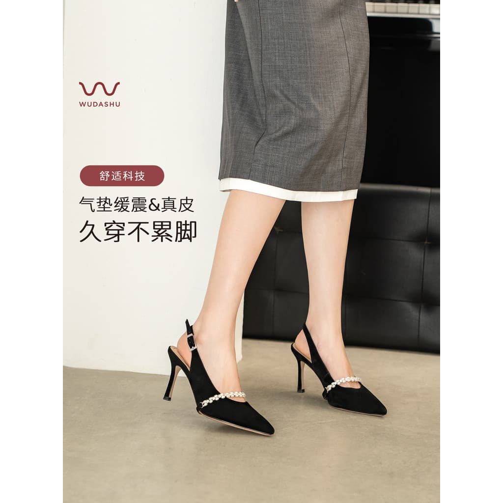 Tio Wu sandálias femininas verão novo estilo preto couro genuíno apontou Toe salto alto temperamento high-End não cansad