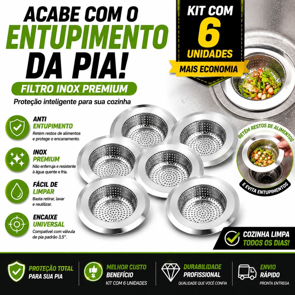 Kit 6 Protetor Ralo Pia Inox Tela Anti Entupimento Cozinha Filtro Resíduos Água Universal