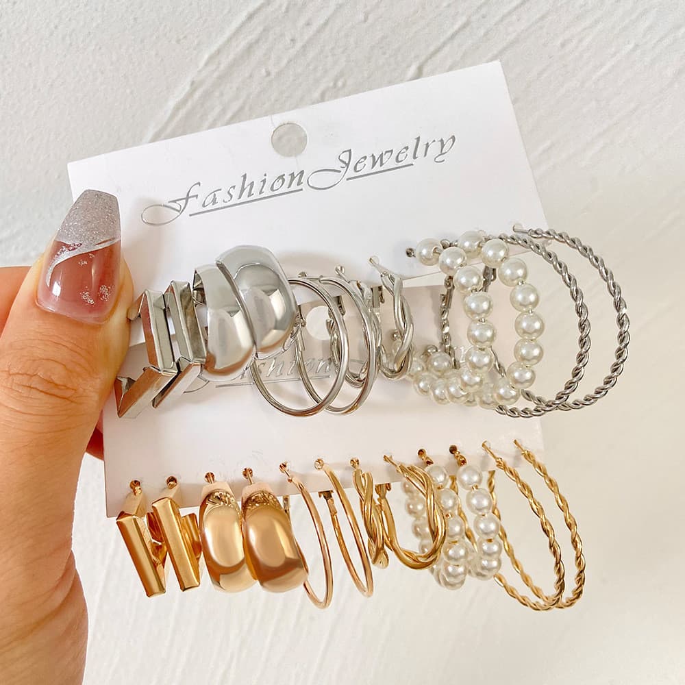 Conjunto de brincos geométricos europeus americanos combinação ins Retro moda criativa brincos de pérola de Metal conjun