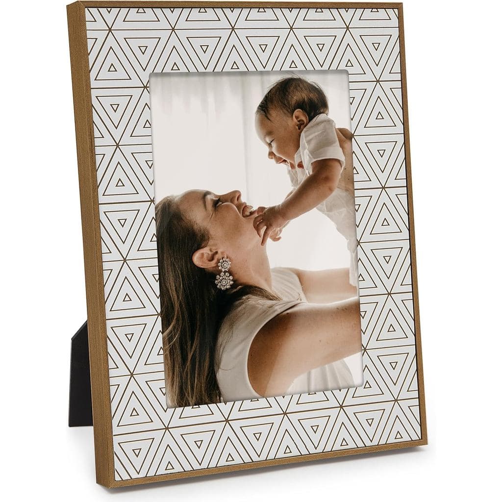 Sapowerntus Moldura para Fotos 5x7 em Madeira Estilo Boho, Padrão Geométrico Triangular Branco Boêmio com Vidro Real, De