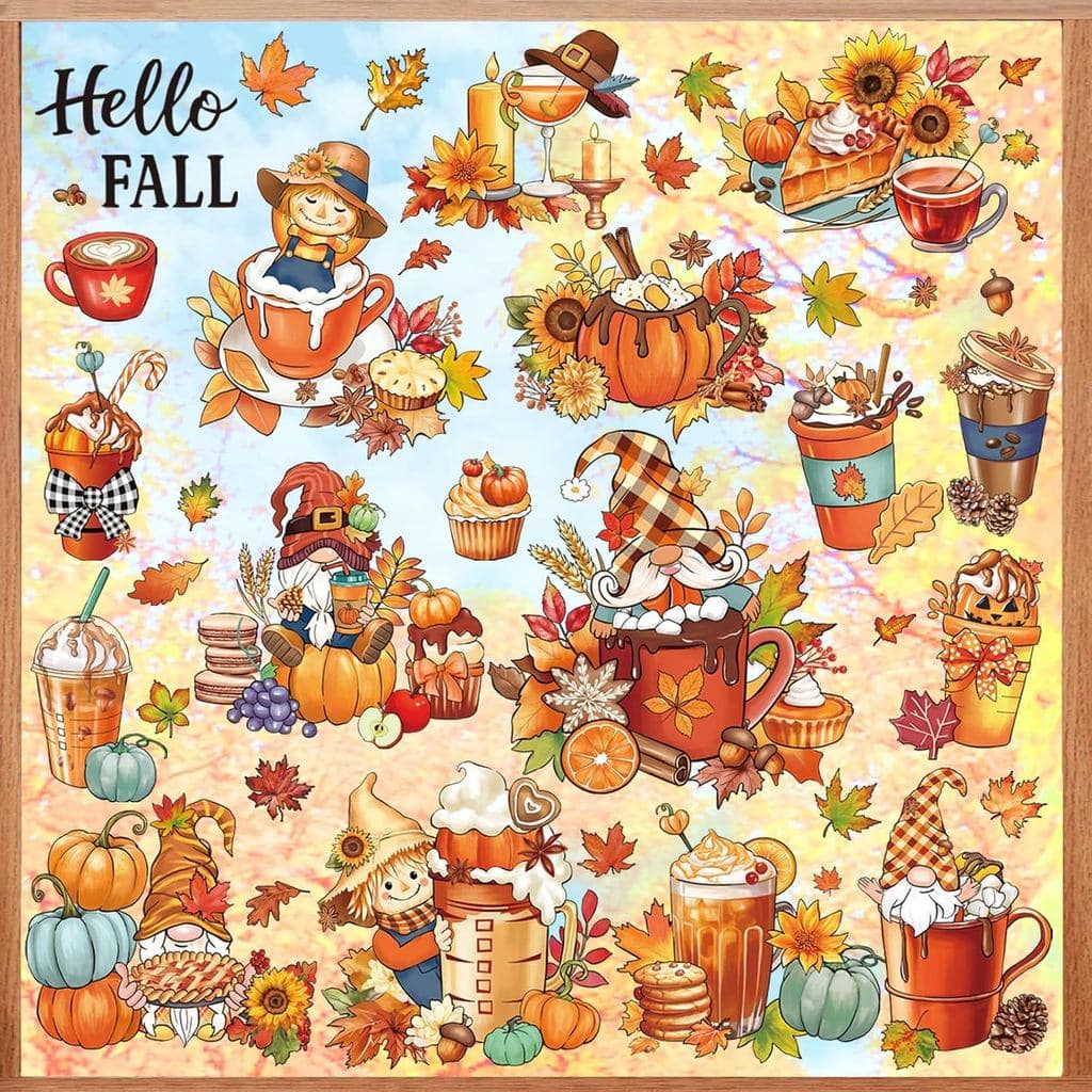 decalmile Adesivos de Janela Dupla Face Hello Fall Gnome Pumpkin Folhas de Bordo de Outono Espantalho Café Chá Ação de G