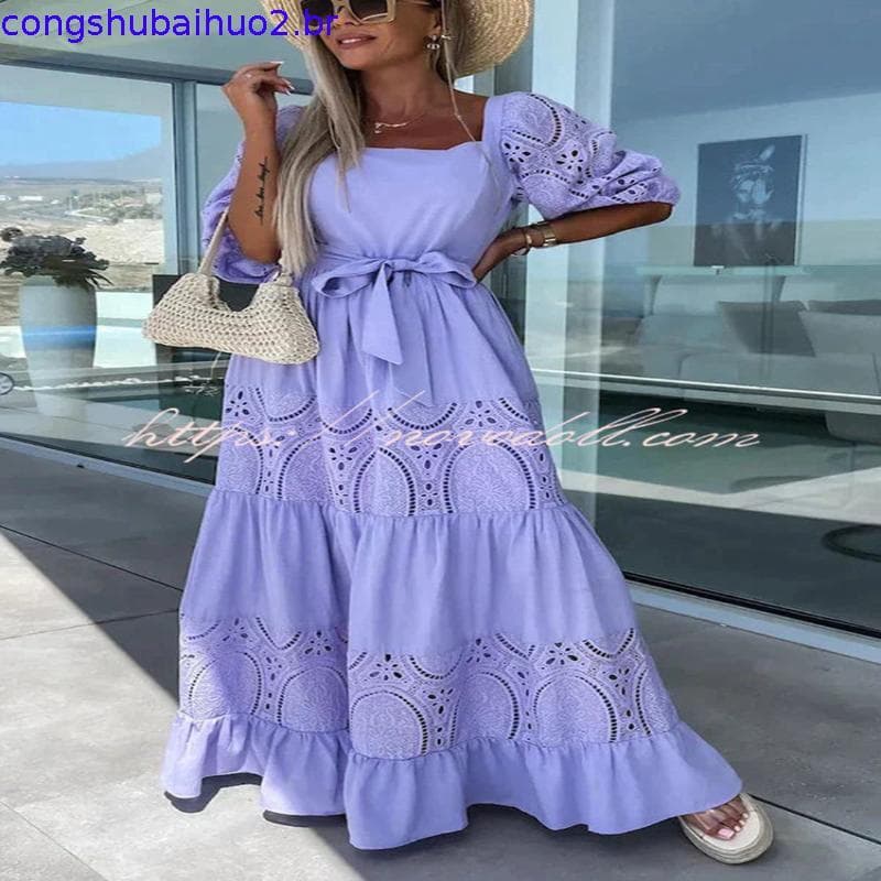 Vestido Feminino Oco Com Gola Em U , Renda , Manga Bufante , Cintura Solta , Beliscando , Gongyan , Férias , Linha , Lon