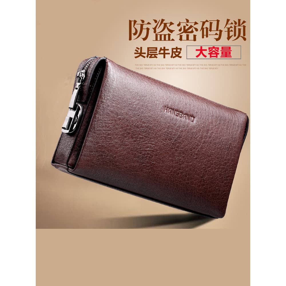 Bolsa masculina de couro genuíno novo estilo couro macio combinação bloqueio embreagem grande capacidade primeira camada