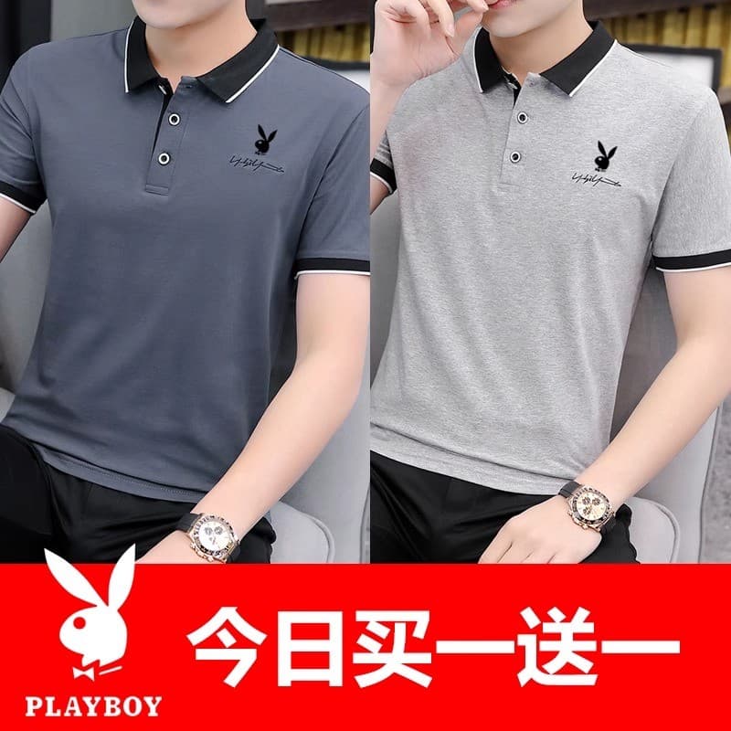 Playboy verão masculino de manga curta camiseta na moda lapela Street Wear topo puro algodão camiseta meia manga camisa
