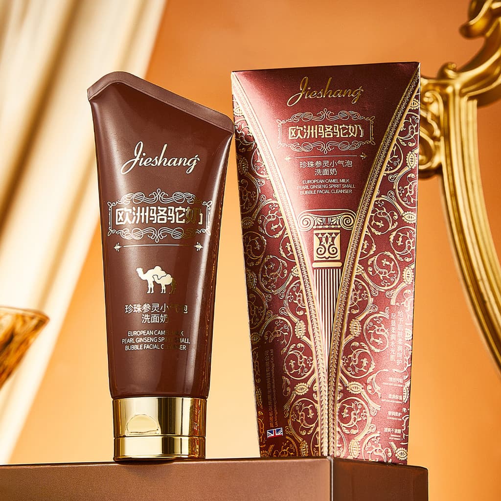 Jieshan europeu camelo leite pérola Ginseng pequena bolha limpador facial delicado espuma densa limpador facial