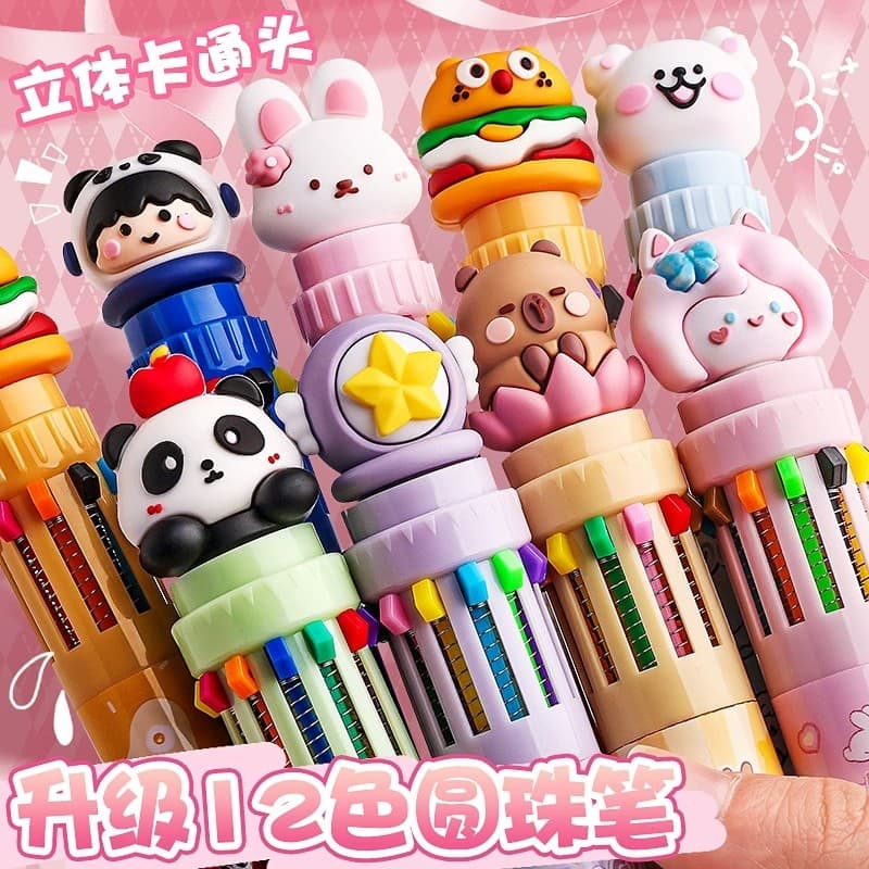 Caneta esferográfica de 12 cores Multi-Color Press Cartoon Cute Creative Color Pen Press Multi-Head Color Caneta multifu