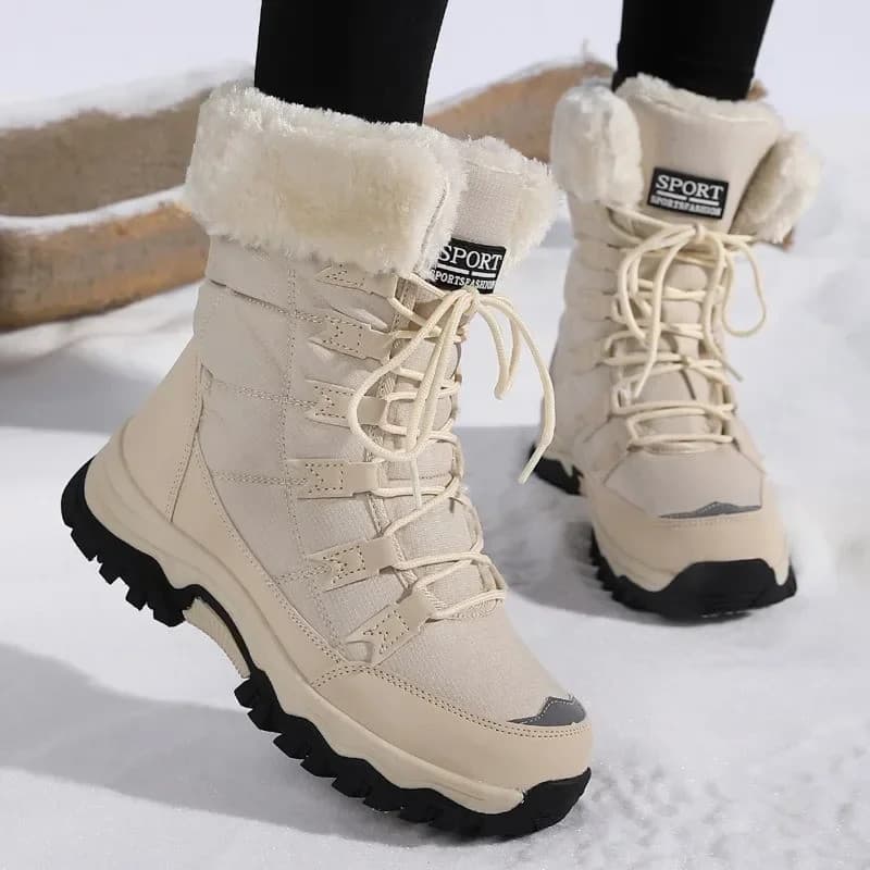 Novas Botas de Algodão Impermeáveis e à Prova de Frio para Mulheres, Botas de Neve com Veludo Espesso e Aquecimento para