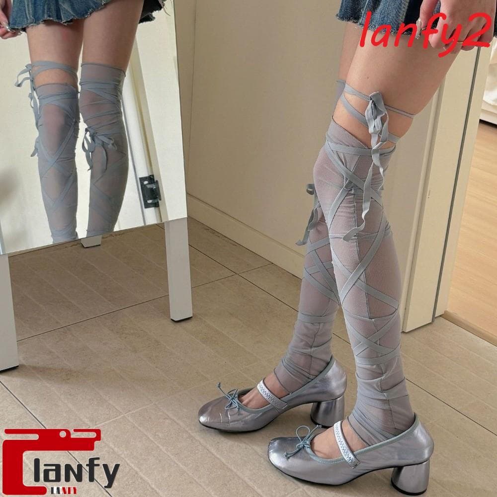LANFY Meias Longas Transparentes , Listradas De Balé Com Amarração , Polainas Elásticas Estilo Lolita JK Na Altura Da Co