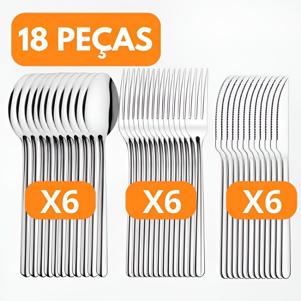 Kit 18 Talheres Aço Inox Reforçado Acabamento Espelhado para Cozinha e Buffet