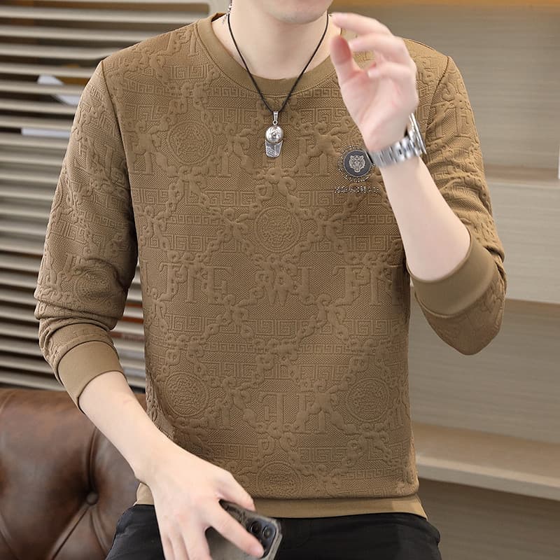 Moda em torno do pescoço moletom masculino novo estilo branco Jacquard bordado de manga comprida camiseta juventude alta