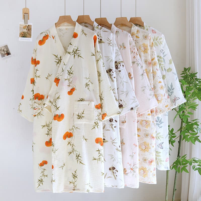 Primavera outono puro algodão camisola feminina japonês quimono pijamas de manga comprida banho suor vapor fisioterapia