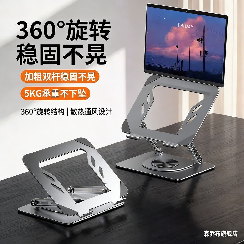 Suporte para Laptop 360°Suporte de suspensão giratório para aumento de mesa, dissipação de calor, dobrável, liga de alum