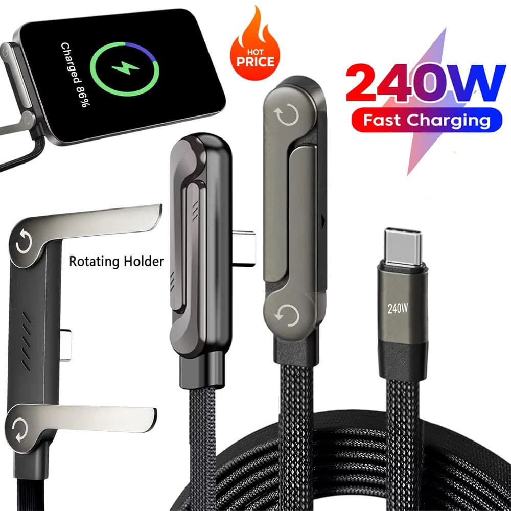 Cabo e Suporte Dobrável 2 em 1, Carregamento Rápido de 240W, Adequado para Celulares e Tablets Tipo-C – Promoção de Verã