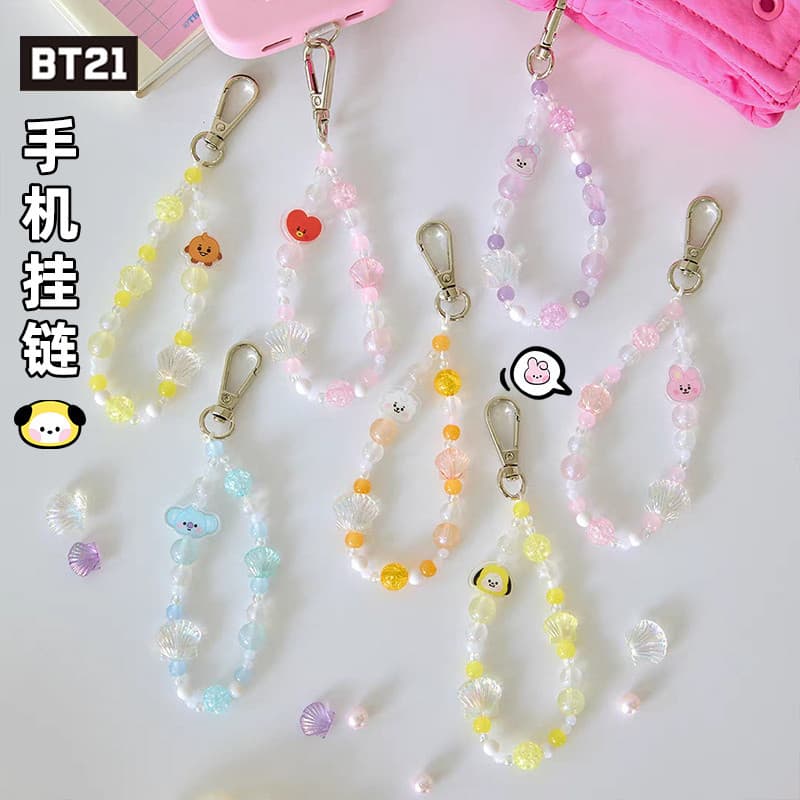 BT21 BTS BABY PEARL Shell Chaveiro com contas Cordão para celular Bolsa para fone de ouvido Mercadoria estrela