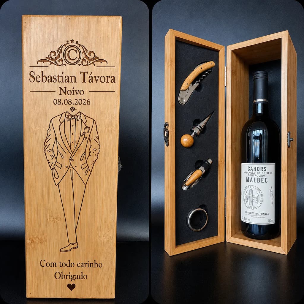Kit Maleta Madeira de Garrafa de Vinho Personalizada 4 Acessórios Premium Presente Sommelier Abridor