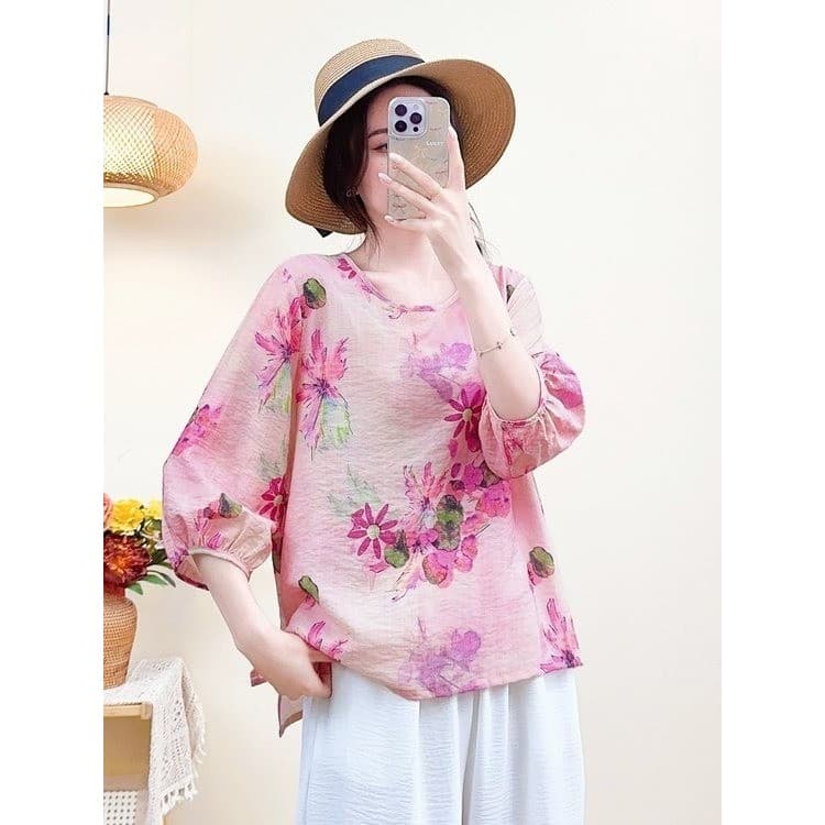 2026 verão novo estilo impresso manga de três quartos camiseta mãe de meia-idade estilo étnico camisa pequena topo em to